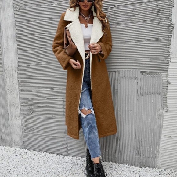 Cozy Brown Teddy Long Coat Jacket Minimalist - Picture 5 of 12
